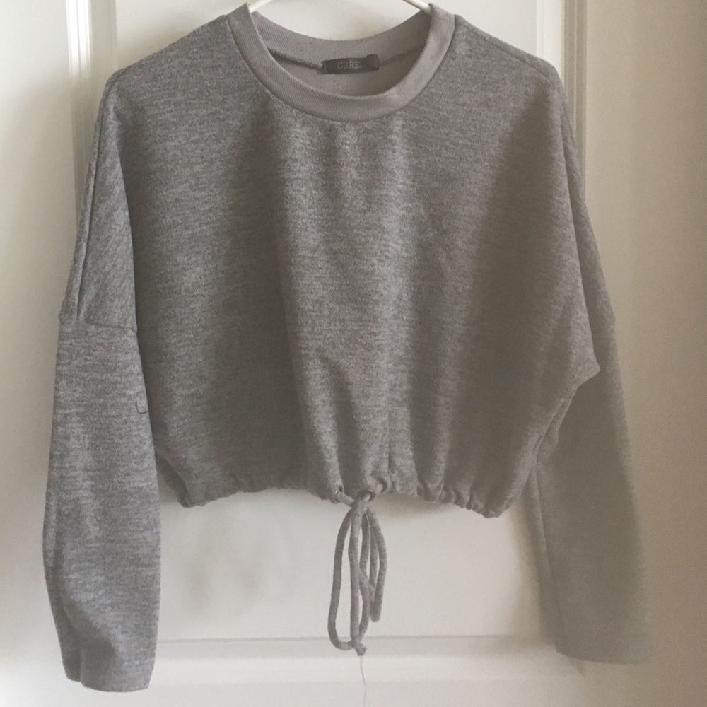 Grey Crop Drawstring Sweater
